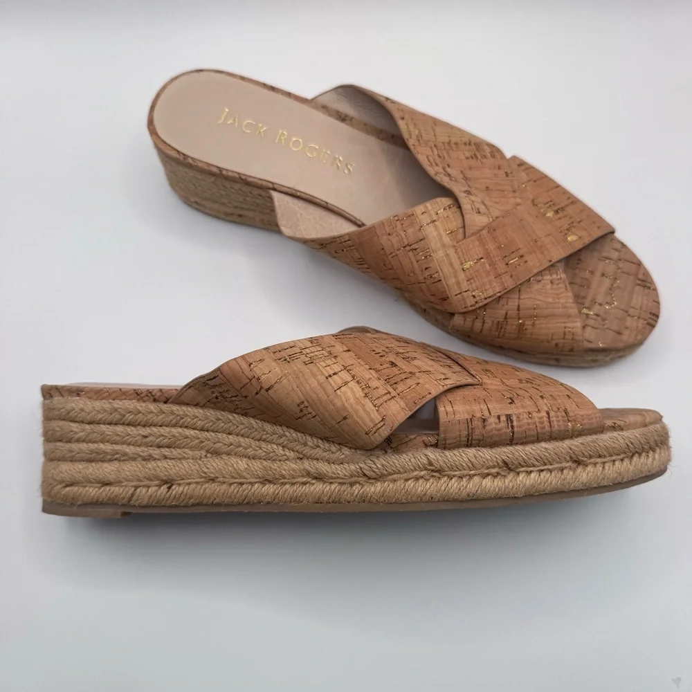 Jack Rogers Sloane Cork & Gold Wedge Espadrille Slip On Heeled Sandals Sz 10